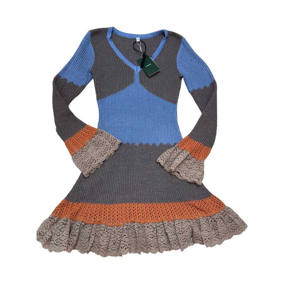 YOHERS Pure Grace Colorblock Knit Mini Dress Blue Brown Orange Lace Ruffle S NEW
